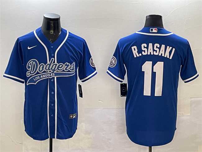 Men%27s Los Angeles Dodgers #11 Roki Sasaki Royal With Patch Cool Base Stitched Jersey